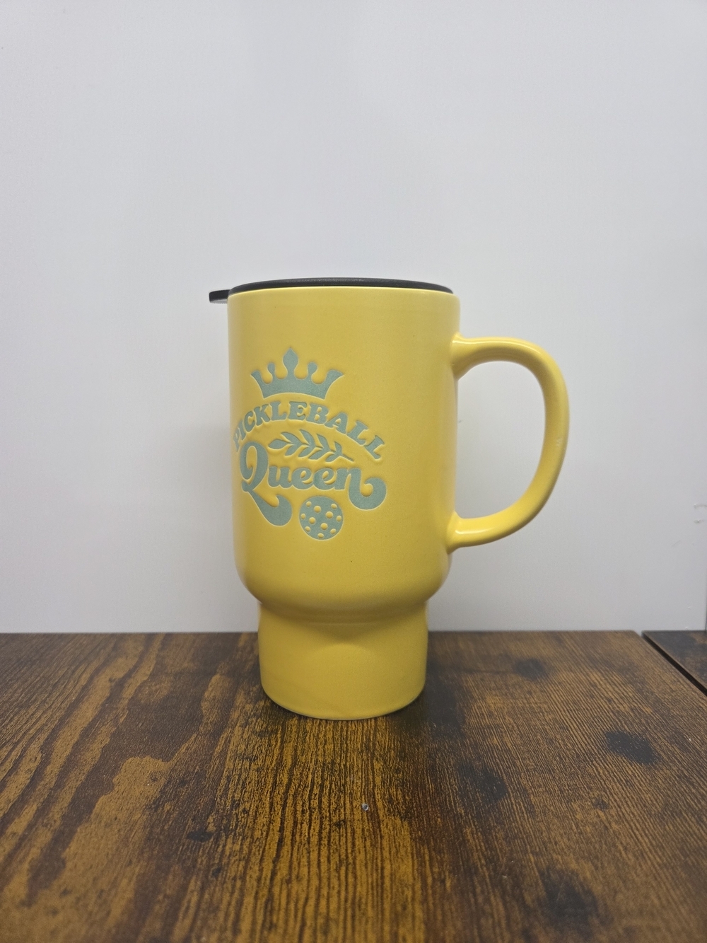 Pickleball Queen Yellow Ceramic Travel Mug Handle 16 Oz.